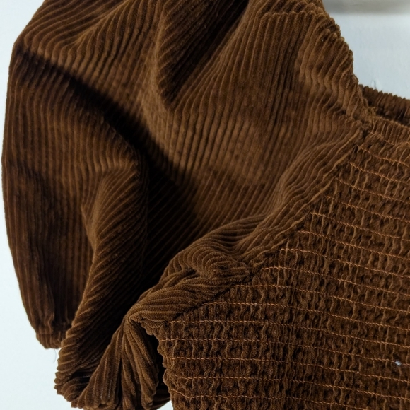 American Eagle Burnt Brown Corduroy Smocked Cropped Puff Sleeves Blouse - Picture 5 of 8
